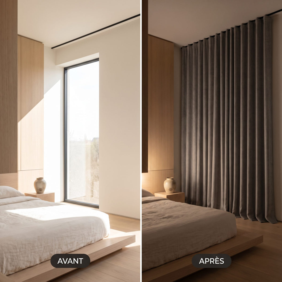 Rideau Occultant Monocouche Chiné Gris Anthracite – comparaison avant / après