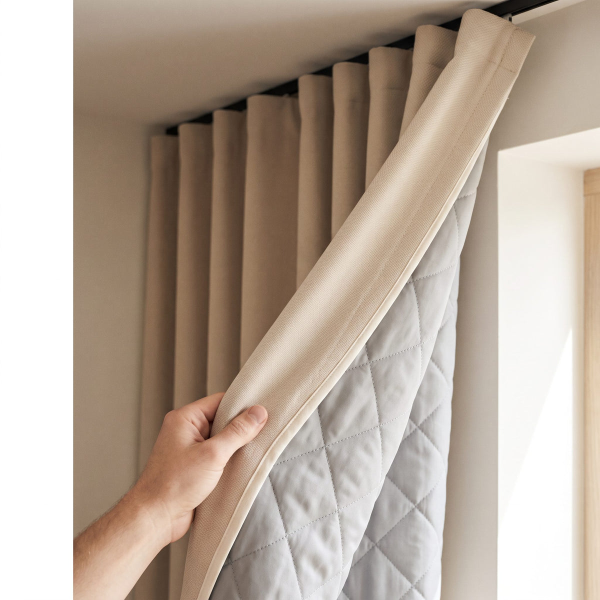 Rideau Occultant Thermique et Phonique Beige – gros plan sur la matière et la doublure